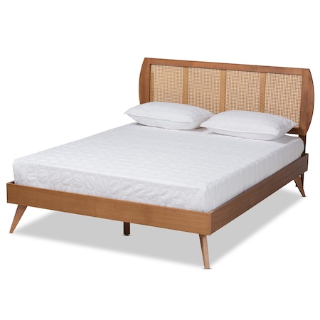 Baxton Studio Asami Mid-Century Modern Walnut Brown Finished Wood and Synthetic Rattan Queen Size Platform Bed 183-11117-9408-Zoro